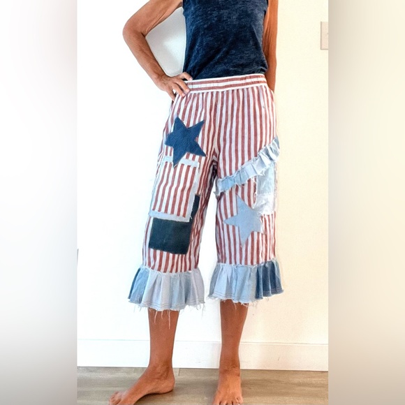 Red and blue striped upcycled bloomer/pants, denim ruffles and patchwork stars M - Picture 5 of 10